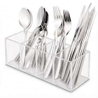 1pc Clear Acrylic Utensil Holder - 4 Compartment Cutlery Caddy, Silverware & Flatware Organizer For Kitchen Countertop. Multi-Functional Storage Box For Makeup Brushes, Pens, Remotes & Vanity Display.