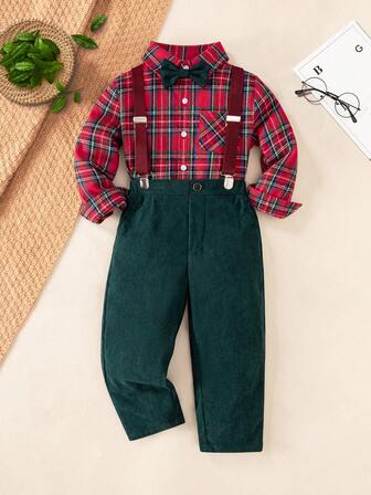 Elegant herrkostym för småbarnspojkar, fluga, röd rutig skjorta och mörkgröna manchesterbyxor med strumpebandshållare, formell outfit för fest och evenemang