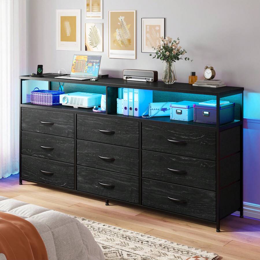 55W TV Stand 9 Drawers Dresser With Open Storage Shelves, Dresser For 55,60 Inch TV With Power Outlets And LED Lights, Fabric Dressers Drawers For Bedroom, Living Room - 查看 1
