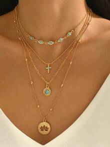 Boho Layered Hollow Lotus Flower Pendant Necklaces For Women, Stacked Gold Faux Turquoise, Glass Crystal Cross, Classic Eye Charm Choker, Adjustable Jewelry Accessories For Daily Wear Holiday, Valentine's Day Anniversary Birthday Thanksgiving Gift - 金色 - 查看 4