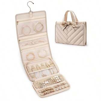 1pc Foldable Jewelry Storage Box, Suitable For Storing Rings, Necklaces, Earrings, Bracelets During Travel, Large Capacity Folding Portable Jewelry Organizer Bag With Hook, Fashion Jewelry Roll Pouch, Multi-Functional Cosmetic Bag