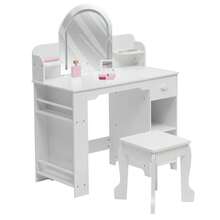 Tocador infantil estilo princesa con espejo iluminado y taburete. Mesa de maquillaje de madera para niñas con estantería, cajón y estantes abiertos. Ideal para dormitorio o sala de juegos. - Blanco - Ver 1