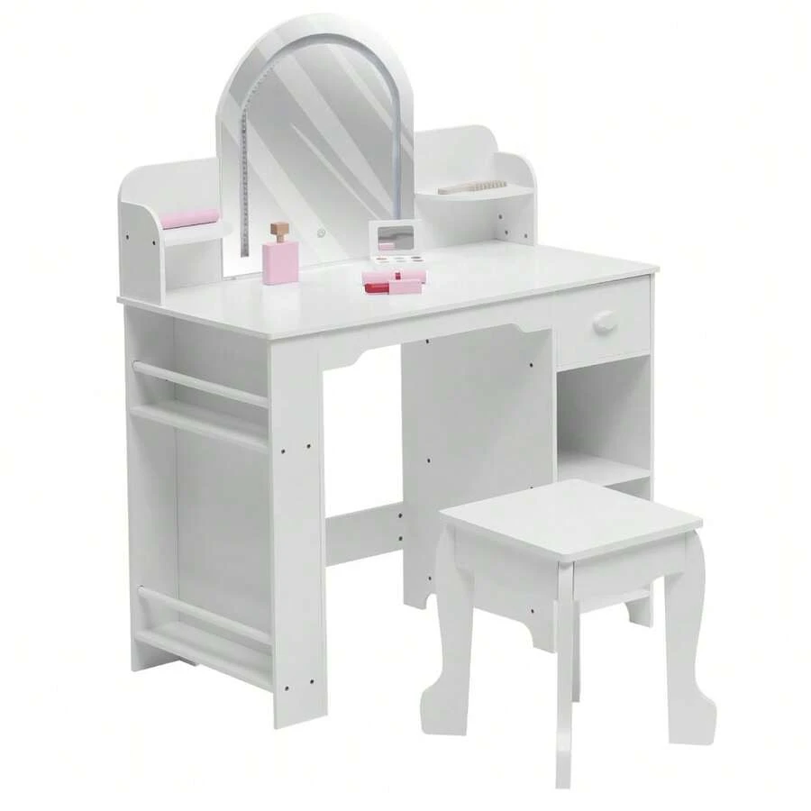Tocador infantil estilo princesa con espejo iluminado y taburete. Mesa de maquillaje de madera para niñas con estantería, cajón y estantes abiertos. Ideal para dormitorio o sala de juegos. - Blanco - Ver 1