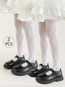 2 Pairs Girls/Baby Thin Mesh Striped Jacquard Footless Tights, Plaid, Diamond, Mesh, Heart Fishnet Socks, Versatile For Daily Wear, Party, Cute, Dancewear, Back To School, Student, New Semester, All Season, Spring/Summer - Multicolor - View 19