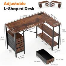 Sweetcrispy L Shaped Desk With Shelf Drawers, White Corner Computer Desks Gaming With Power Outlet, Study Table With Adjustable Shelves, Home Office Tables For Bedroom Teacher Reading Writing - 查看 7