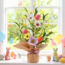 1件/复活节桌面及餐桌摆件，双场景牛皮纸盆栽展示架，浅紫色丝带系结，紫色、黄色和白色人造花，粉色毛毡，复活节彩蛋，橙色胡萝卜，绿叶，营造节日氛围，装饰展示桌 - 扭扭蛋花復活樹 - 查看 2