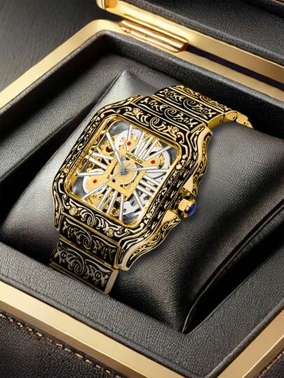 1件男士复古宫廷风格镂空雕刻机械表，配全不锈钢表带