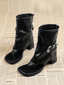 Women's Fashion Street Punk Style Square Toe Fold-Over Cuff Sandals, Casual Black Gladiator Sandals Suitable For Daily Wear, Versatile Outdoor Punk Style Black Sandals - Black - View 5