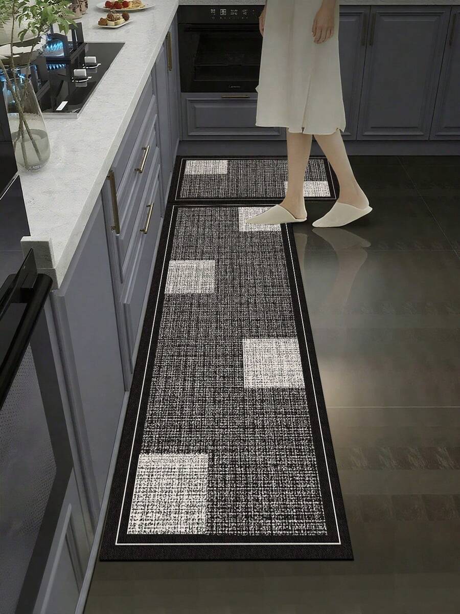 1 Stück Silica Gel Küchenfußmatte, schwarz-weiß strukturiertes geometrisches Blockdesign, dunkelgrauer/schwarzer Untergrund mit feiner Textur, asymmetrisch verteilte hellweiße strukturierte Blöcke, präsentiert einen einfachen industriellen/modernen minimalistischen Stil - Verschiedenfarbig - Übersicht 1