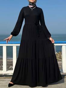 Robe pull en tissu tissé à manches longues pour femmes, col rond petit, noir, avec poches et ceinture, fermeture éclair au dos, robe jalabiya confortable de longueur totale, jupe évasée - Noir - Voir 3