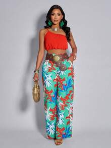 女士性感优雅红色露肩短款上衣搭配绿色热带印花高腰阔腿裤两件套度假沙滩派对服装 - 橘紅色 - 查看 6