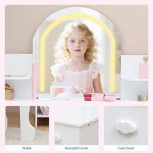 Tocador infantil estilo princesa con espejo iluminado y taburete. Mesa de maquillaje de madera para niñas con estantería, cajón y estantes abiertos. Ideal para dormitorio o sala de juegos. - Blanco - Ver 7