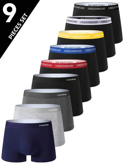 9pcs/Pack Men's Solid Color High-Waist Boxer Briefs, Breathable & Comfortable Solid Color Boxer Shorts, Elastic Sports Shorts, Men's Casual Underwear For Daily Wear