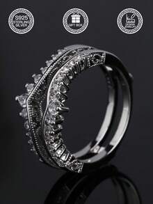 1 chiếc nhẫn bạc 925 hai lớp hình chữ V đính đá Cubic Zirconia, thiết kế vương miện, nhẫn hình trái tim đính đá Cubic Zirconia, thời trang cho đeo hàng ngày và đám cưới, món quà lý tưởng cho bạn gái, kèm hộp quà. - Zircon hình chữ V hai lớp - Xem 5