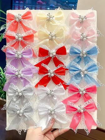 VBOOR 8 Stück zufällige Bonbon-Farben Satin Schleifen Perlen Strass Spitze Haarspangen, süße französische Blumen Haarstyling Clips, süße Haraccessoires für Frauen, Alltag & Party