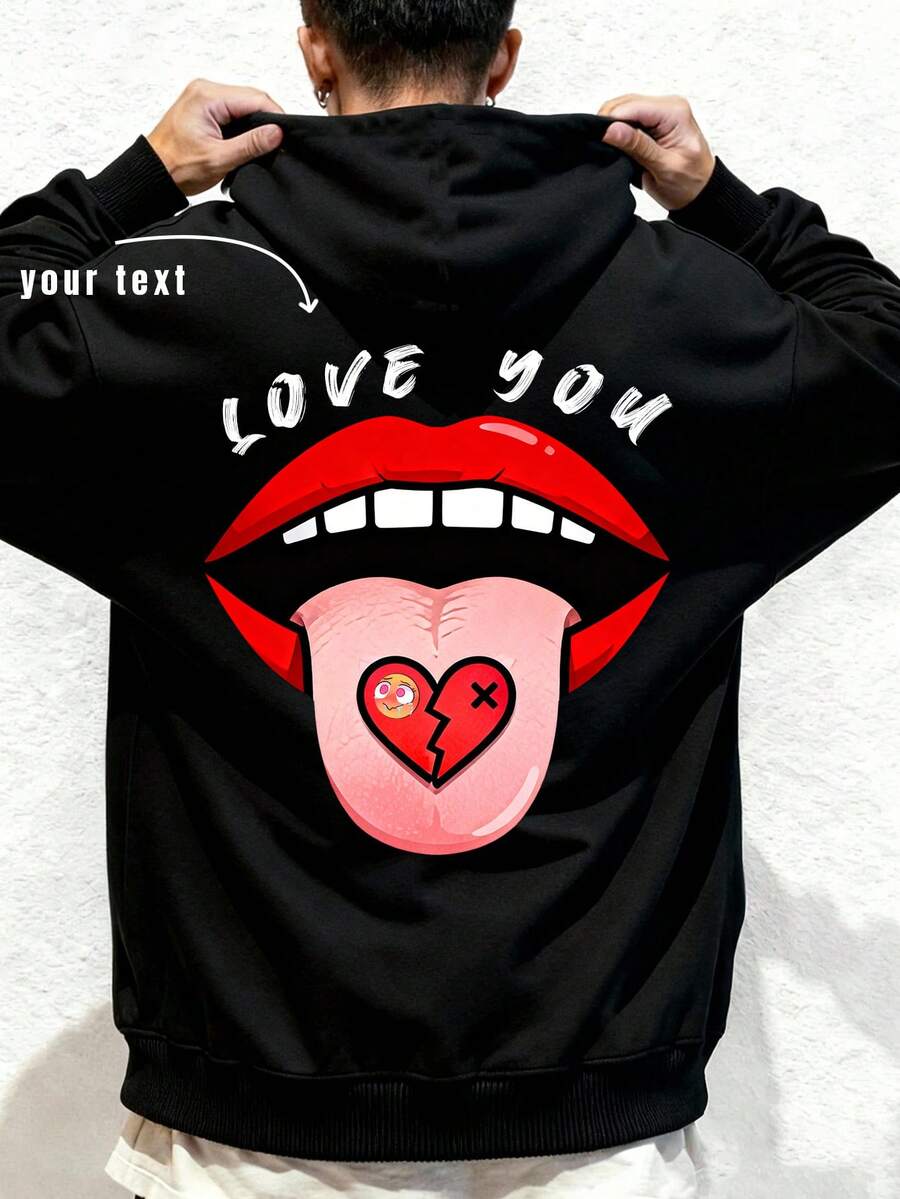 Customized Men's Hoodie, Personalized Big Mouth Text Print, Loose DIY Exclusive Sweatshirt