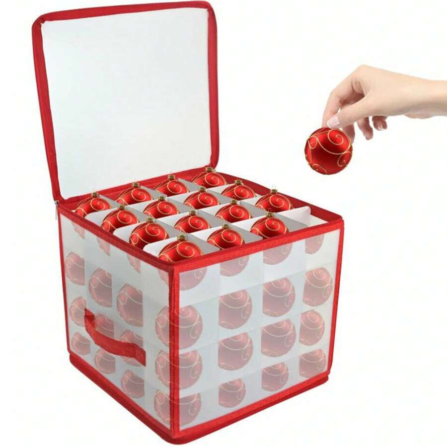 Christmas Ornament Storage Box With Lid, 64 Ornament Box With Zippers And Dividers, Christmas Decor Storage Containers - Red - View 1