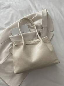 Bolsa Tote Casual de Ombro de Grande Capacidade em Camurça Retrô, Bolsa Colorida em Patchwork, Bolsa Tote Versátil e Elegante para Transporte Diário para Mulheres - Bege - Visão 8