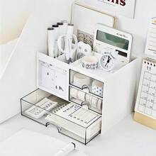 1个极简桌面抽屉笔筒及文具收纳盒 - 大容量收纳，适用于办公室、学生、美术用品及手工 | 可堆叠收纳盒、抽屉柜、桌面配件 | DIY组装收纳盒，可收纳铅笔、马克笔、化妆品、办公用品 - 白色 - 查看 5