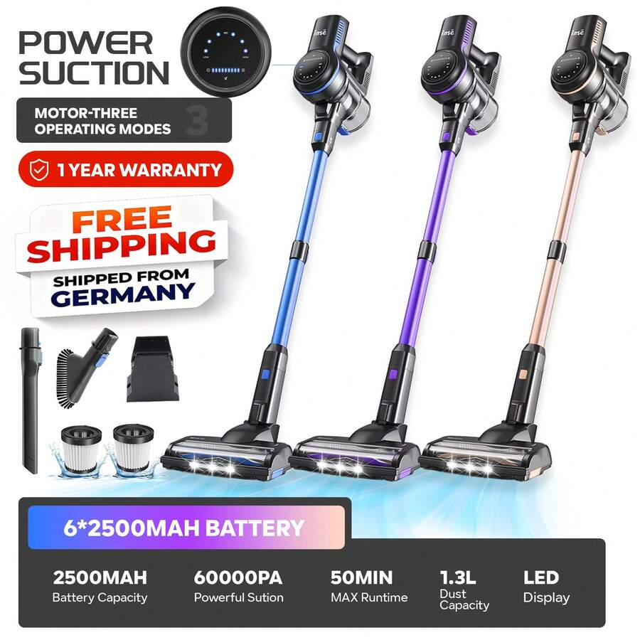 Inse Cordless Vacuum Cleaner, 60KPa Strong Suction Power & 50 Min Runtime, Cordless Vacuum Cleaner With A 1.3L Dust Collection Box, 6*2500mAh High Capacity Batteries, For Hard Floors, Carpets, Sofas And Car Seat Cushions - Phích cắm loại C của EU (220-240V) - Xem 1