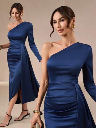 Elegant retro maxiklänning i mellanösternstil för kvinnor i enfärgad stil – asymmetrisk off-shoulder-ringning, midjeveck, sjöjungfrukjol med band, perfekt för brudtärnor, bröllop, vardagliga högtider, fester och lärarkläder