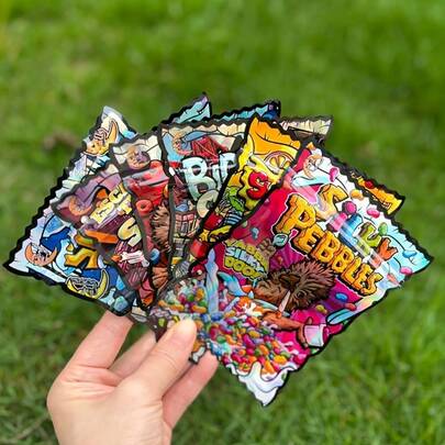 20/50/100 piezas Bolsas de poliéster autosellantes con ventana transparente - Bolsas de plástico reutilizables a prueba de olores con cierre de cremallera, adecuadas para almacenar caramelos, dulces, gominolas, chocolate - Patrones de dibujos animados coloridos, empaque a granel adecuado para fiestas, regalos, al por menor