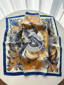 1pc Luxury Women's Square Scarf, Headband, Shawl, Neck Scarf - Blue-edged Peacock - View 3