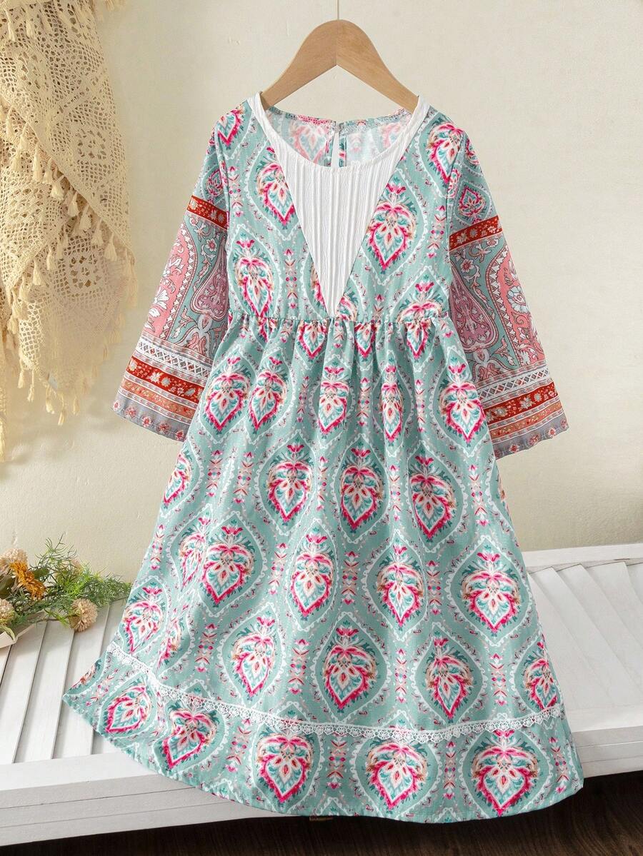 少女碎花圆领长袖休闲连衣裙 - 彩色 - 查看 1