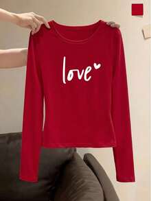 女士Y2K优雅百搭LOVE印花圆领长袖褶皱修身T恤，适合夏季和秋冬季节 | 性感风格 | Y2K甜美修身红色上衣 | 春季时尚，简约风格，顺滑面料，时尚女装，情人节礼物，情人节休闲装 - 紅色 - 查看 7