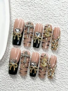 10pcs Gothic Style Nail Art Set, Acrylic Press-On Nail Stickers, Shiny White Heart, Gold Bow, Silver Cross, Gold Dollar, Shiny Asymmetrical Rhinestone Nail Accessories Nails Nail Supplies - 彩色 - 查看 4