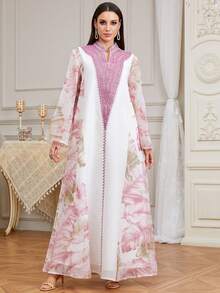Elegant Women's Ramadan New V-Neck Printed Embroidered Kaftan Robe, Suitable For Home, Daily Wear, Dates, Eid Al-Fitr Celebration, Eid Al-Adha Party, Abaya - Pink - View 6