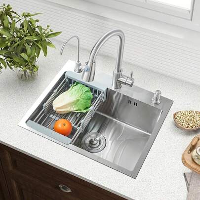 Fregadero de Cocina de Acero Inoxidable 55x45x21cm  Sobreponer con Dispensador de Jabón – Fregadero para Barra, Baño y Cocina, Antihuellas y Resistente a Rayones, Fácil Instalación