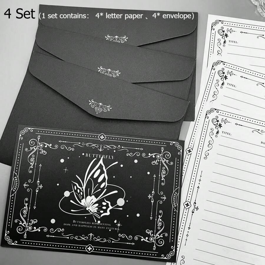 1套（8件）蝴蝶元素文具套装，每套包含4张信纸+4个信封，高端手写贺卡，节日贺卡和祝福语