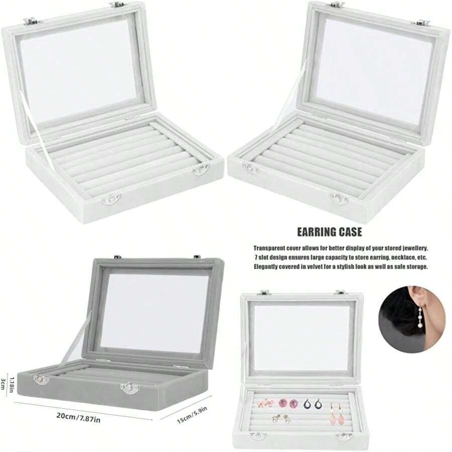 ZJchao Organizador de Joyero, Caja de Almacenamiento para Anillos con 7 Compartimentos, Organizador de Joyas de Terciopelo con Tapa de Cristal Transparente(Blanco)(default) - Multicolor - Ver 1