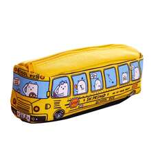 1pc Creative Bus Design Canvas Pencil Case, Large Capacity Yellow Children's Stationery Box,Back To School,Bag - Yellow - View 4