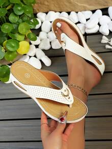 Plus Size Women's Cross-Border 2025 Summer New Hollow Out Solid Color Rhinestone Open Toe Wedge Heel Flip Flops, Comfortable Versatile Lightweight Sandals - White - View 1