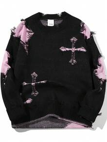 Áo len nam cổ tròn, hàng mới về mùa Thu/Đông, họa tiết chữ thập phong cách Gothic màu đen và hồng, dáng rộng. - Hồng - Xem 1