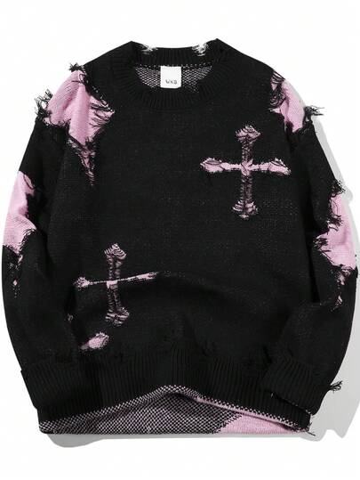 男士圆领针织毛衣 秋冬新款 黑粉哥特风做旧流苏十字图案 宽松版型