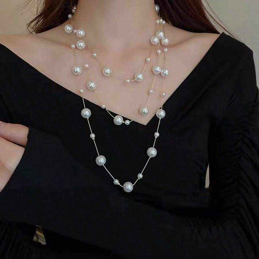 1 chiếc vòng cổ dài giả ngọc trai thời trang nữ, có thể đeo nhiều lớp, kiểu dáng thanh lịch Pháp, thích hợp để đeo cùng áo khoác, dự tiệc hoặc mặc hàng ngày. - Vòng cổ ngọc trai dài - Xem 1