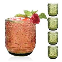 4 Pack Vintage Tumblers, 12 Oz Embossed Floral Glasses, Heavy Duty Colored Glassware For Whisky Beer Juice Cocktail, Drinking Cup Set - màu xanh lá - Xem 10