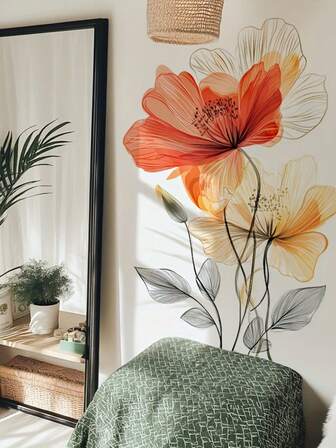 1 st självhäftande minimalistisk väggdekoration med blommotiv, orange-gul tonad blommig väggdekoration för vardagsrum/sovrum, avtagbar