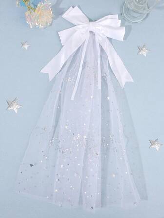 1pc White Mesh Hair Clip For Girls Silk Ribbon Hair Bow Sparkly Star Decor Alligator Clips Double Layer Hair Holder Elegant Stylish Barrettes Festival Wedding Hairpins Teens Hair Accessories