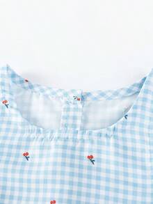 Girls' Casual Plaid Print Suspender Dress With Embroidered Tea Cup - Light Wash - View 6