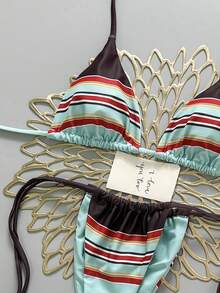 Women's Sexy & Fashionable Minimalist Bombshell 2-Piece Swimsuit Set, Reversible Printed Halter Tie Front Swimwear For Beach, Vacation, Date, Spring/Summer New Arrival - Multicolor - View 3