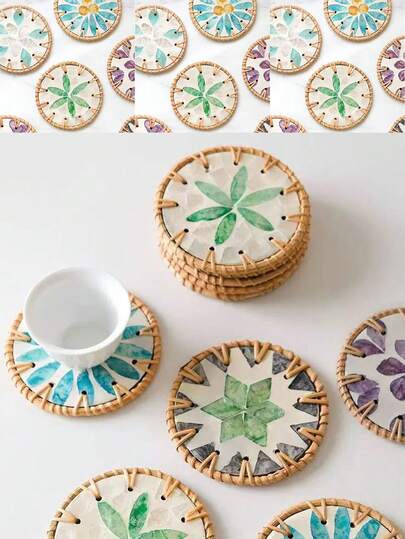 1pc 10cm Rattan Shell Coaster, Colorful Shell Round Coaster, Bohemian Style Coaster, Coffee Table Decor, Birthday/Graduation Gift