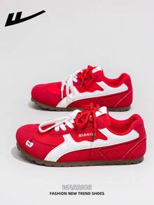 1 Pair WARRIOR Women's Thick Sole Lace-Up Soft Bottom Casual Shoes, Low-Top Outdoor Flat Shoes, Round Toe Low Heel Non-Slip Solid Color Elegant Soft Bottom Hiking Shoes, Suitable For Students, Graduation Photos, Flat Shoes, Low-Top Leather Sports Skateboard Shoes - Red - View 5