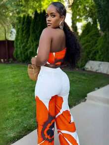 2 Piece Sets Woman,Women's Fashionable And Sexy Floral Print One-Shoulder Slim-Fit Wide-Leg Pants Two-Piece Set - Orange-1 - View 2