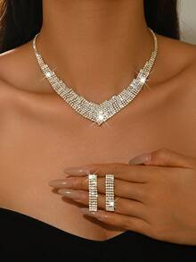 1 Set Colier cu Strasuri + Cercei Sclipitori în Formă de V, Lanț cu Gheare din Cupru Încrustat cu Strasuri, Potrivit pentru Festivități și Covoare Roșii, Un Cadou Excelent de Ziua Îndrăgostiților - Multicolor - Vizualizare 2