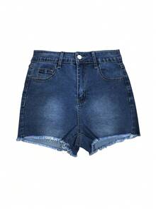 Plus Size Denim Mini Shorts, Frayed Hem, Medium Stretch, Straight Leg, Zipper Closure Casual Summer - Blue - View 5