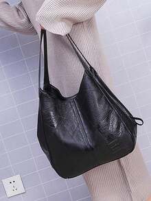 女士中号单肩包，缝线细节，PU材质手提包 - 黑色 - 查看 4